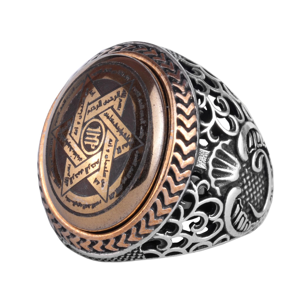KAMBO Natural Hematite Stone Men's Ring – 925 Sterling Silver Vav Letter Motif Star of David Embroidered Ring – Oval Statement Handmade Ring