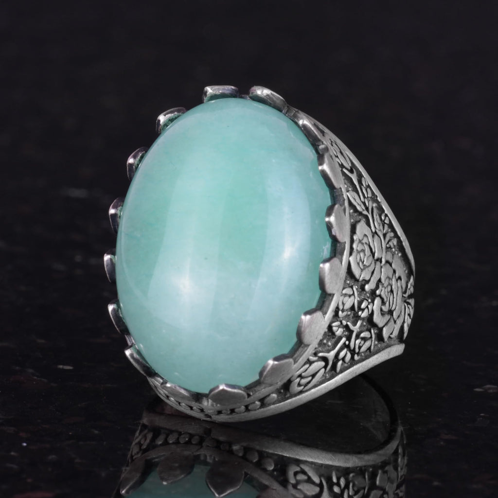Natural Stone Ring - Rose Pattern Ring - 925 Sterling Silver - Handmade Large Ring — 5