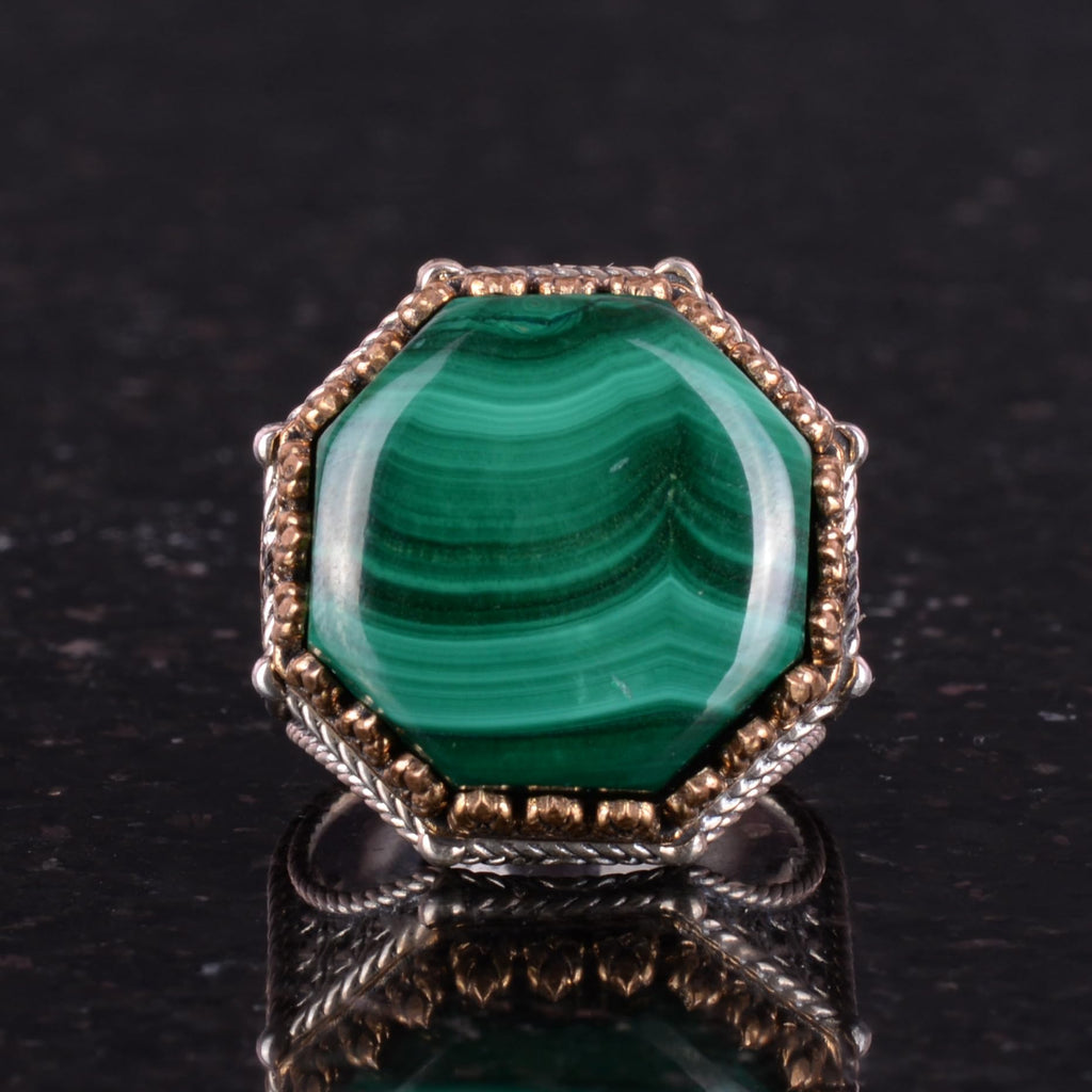Natural Malachite Stone Octagonal Ring - Handcrafted 925 Sterling Silver Jewelry — 4