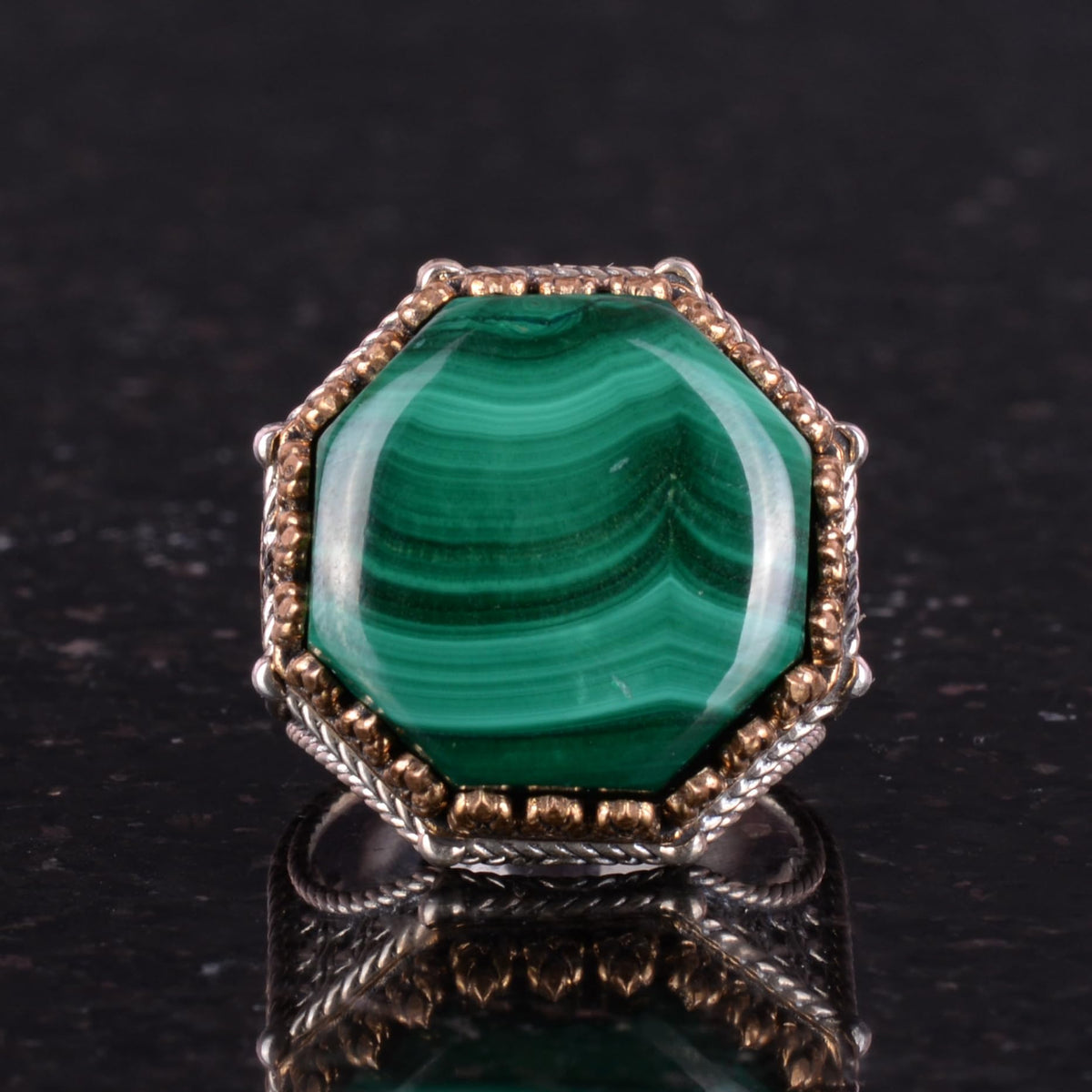 Natural Malachite Stone Octagonal Ring - Handcrafted 925 Sterling Silver Jewelry — 4