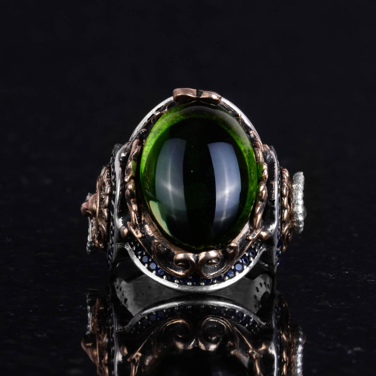 Peridot Synthetic Stone Ring, 925 Sterling Silver Ring, Lion Symbol Design Men's Ring — 4
