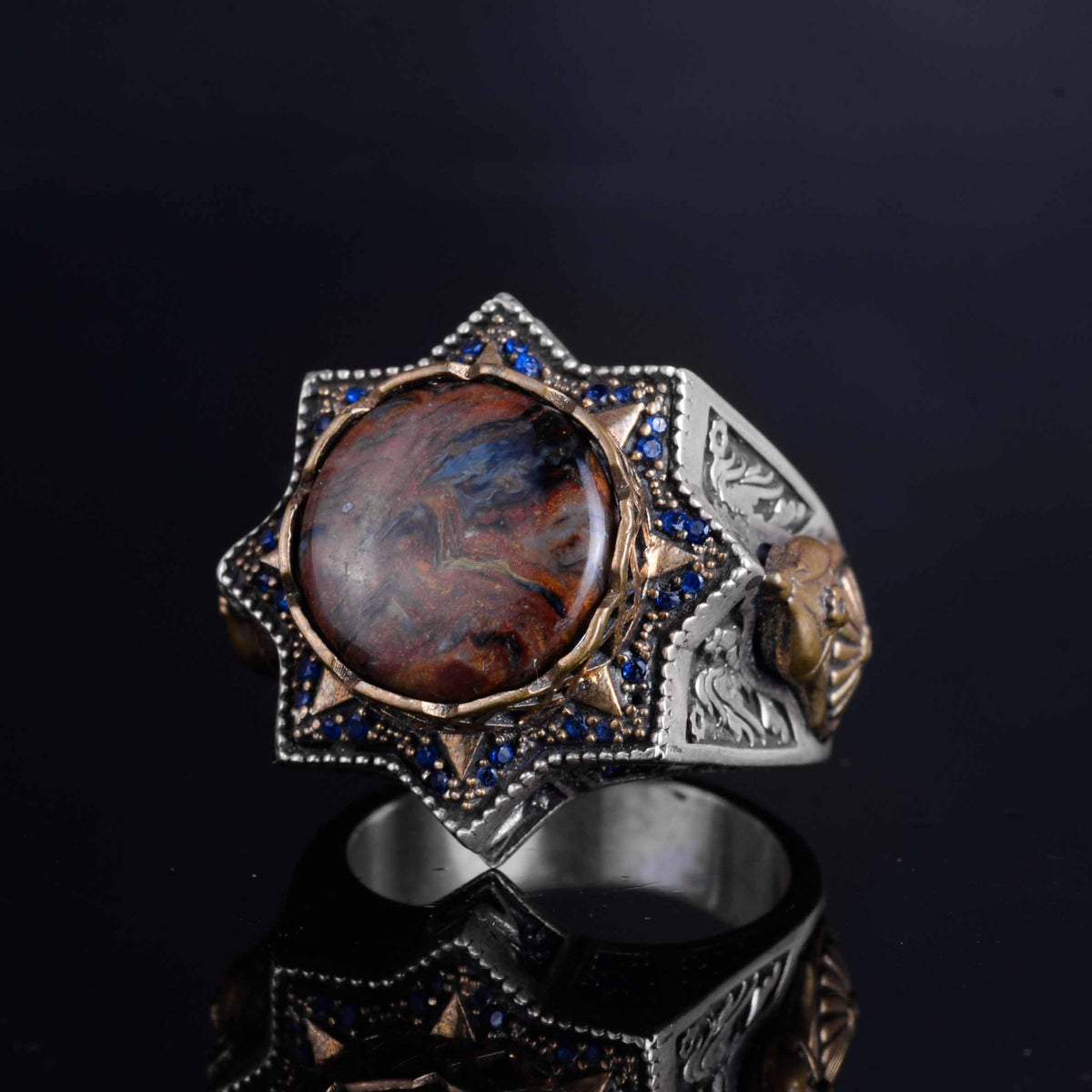 KAMBO 925 Sterling Silver Men's Natural Stone Ring – Warrior Helmet Motif Handmade Star Frame – Protective Spiritual Jewelry (Petersite) — 5