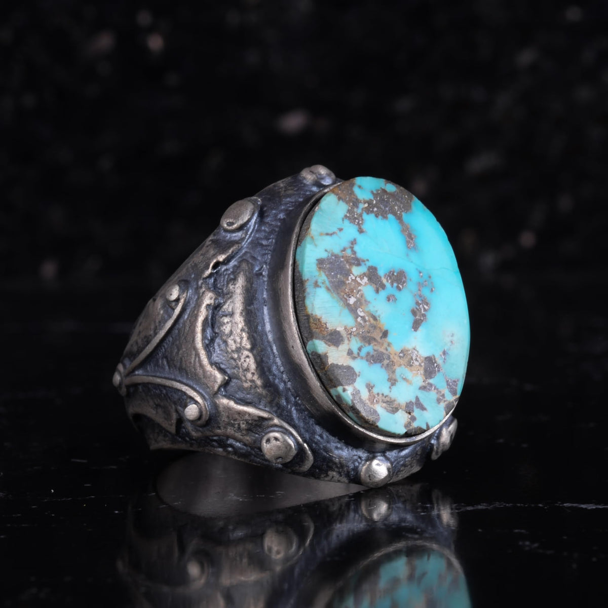 KAMBO Natural Turquoise Stone Men's Ring Oval Cabochon Blue Turquoise Ring 925 Sterling Silver Handmade Vintage Men's Jewelry Rustic Artisan Design — 6