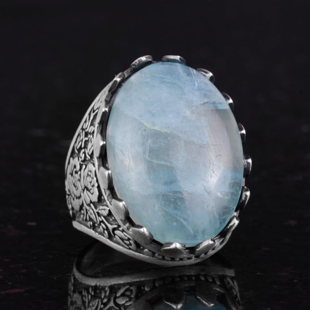 Natural Aquamarine Stone Ring - Rose Pattern - 925 Sterling Silver - Handmade Large Ring — 5