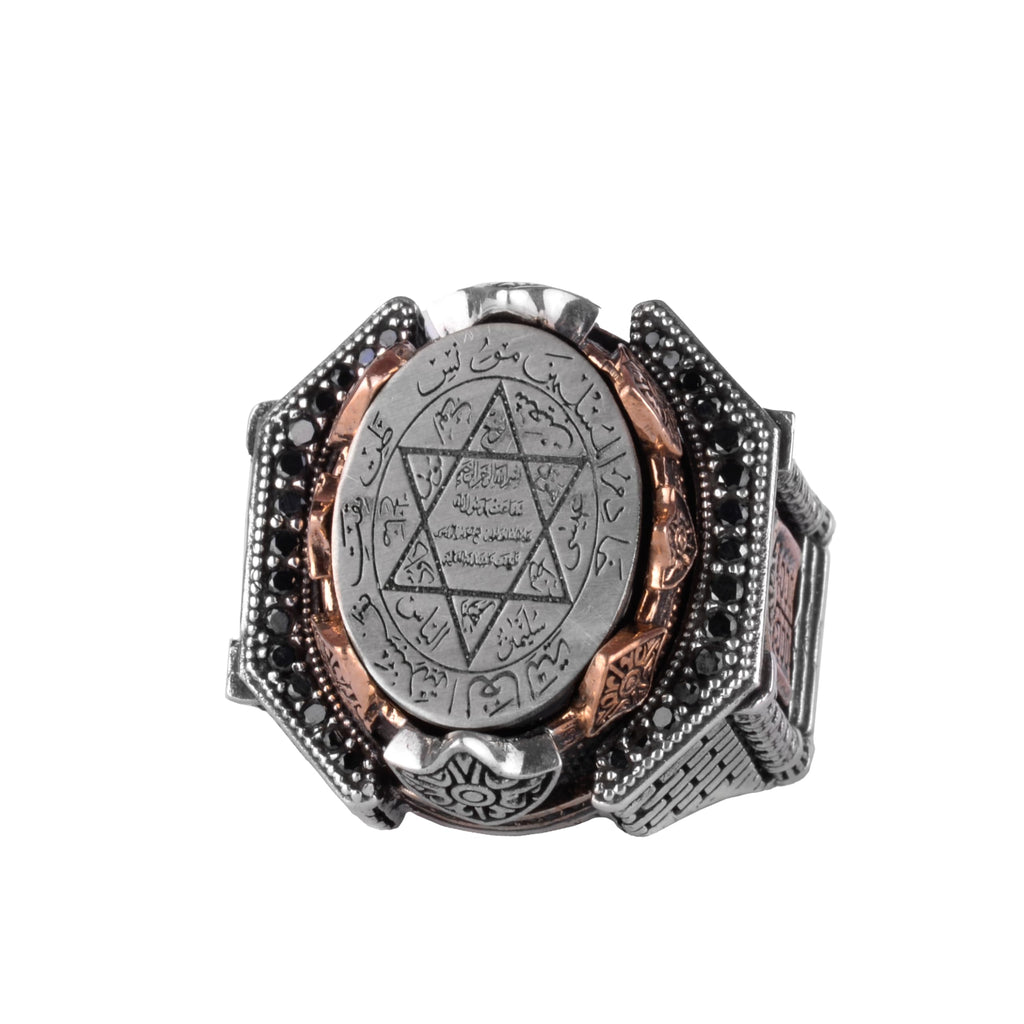 KAMBO Large Men's 925 Sterling Silver Ring Figure – Bronze Detail – Carved Statement Ring (Star of David)