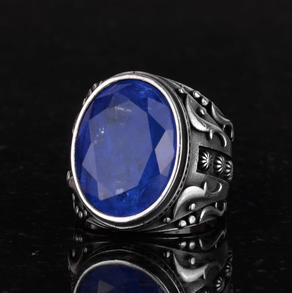 925 Sterling Silver Men's Ring (Navy Blue Paraiba Stone) — 5