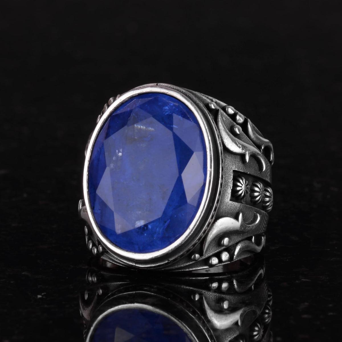 925 Sterling Silver Men's Ring (Navy Blue Paraiba Stone) — 5
