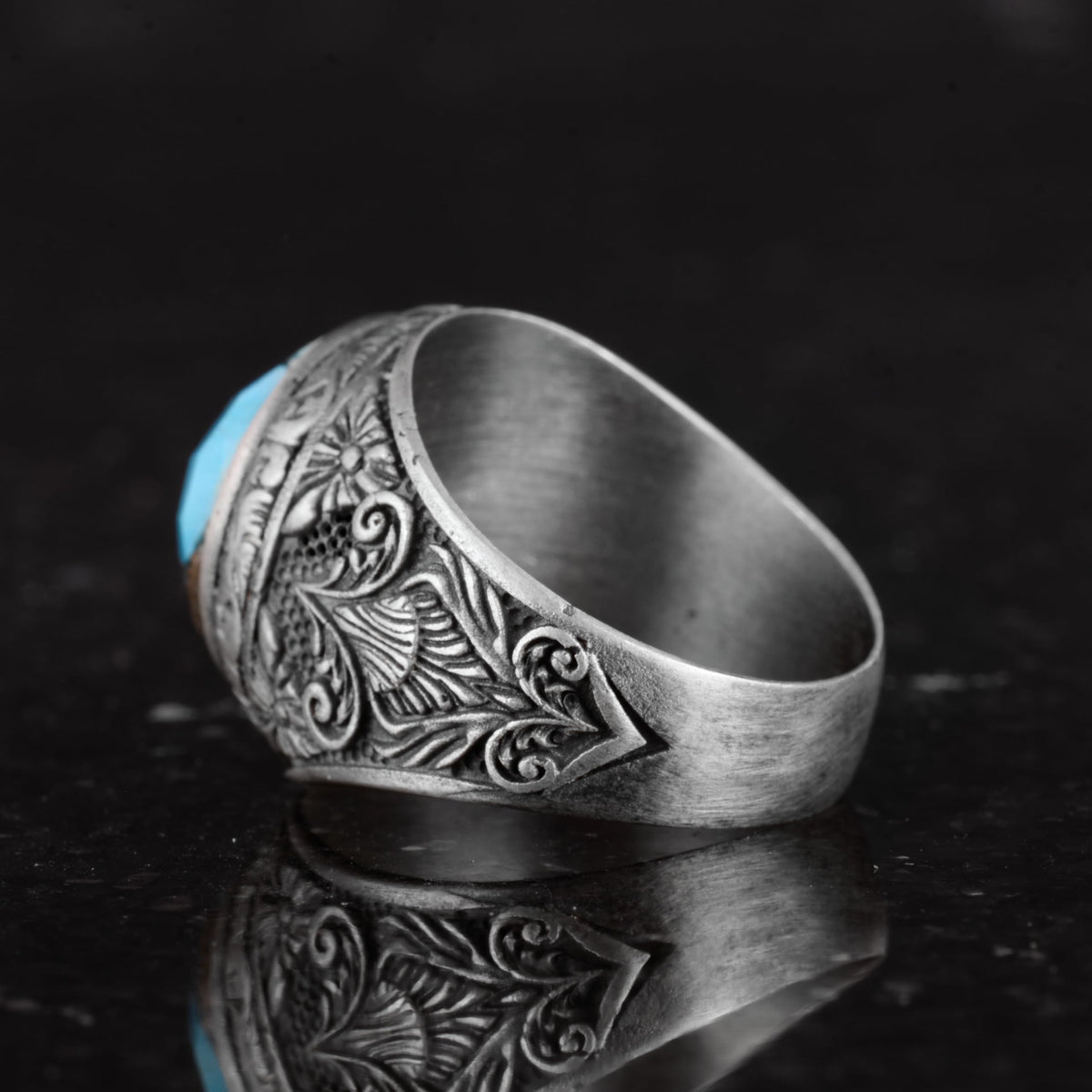 Silver Men's Ring with Natural Turquoise Stone and Detailed Flower Design — 7