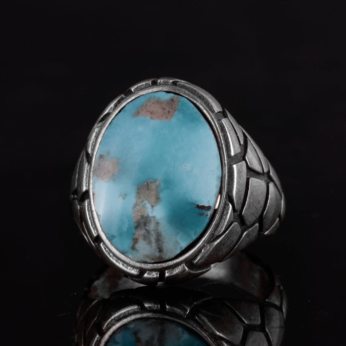 KAMBO Natural Turquoise Stone Ring - Snake Skin Pattern 925 Sterling Silver Men's Ring (Style-1) — 6