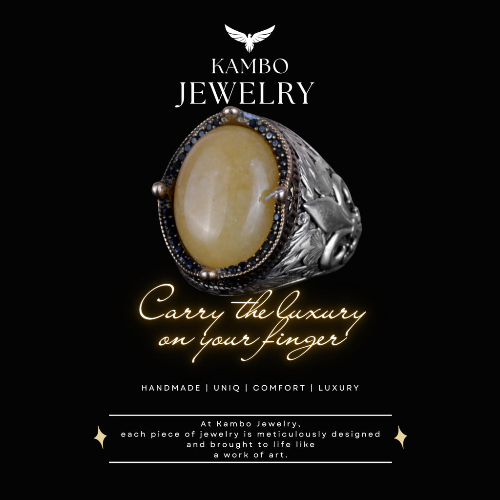 Kambo Handcrafted Men's Ring in 925K Silver - Available with Various Natural Gemstones (Yellow Agate) — 7