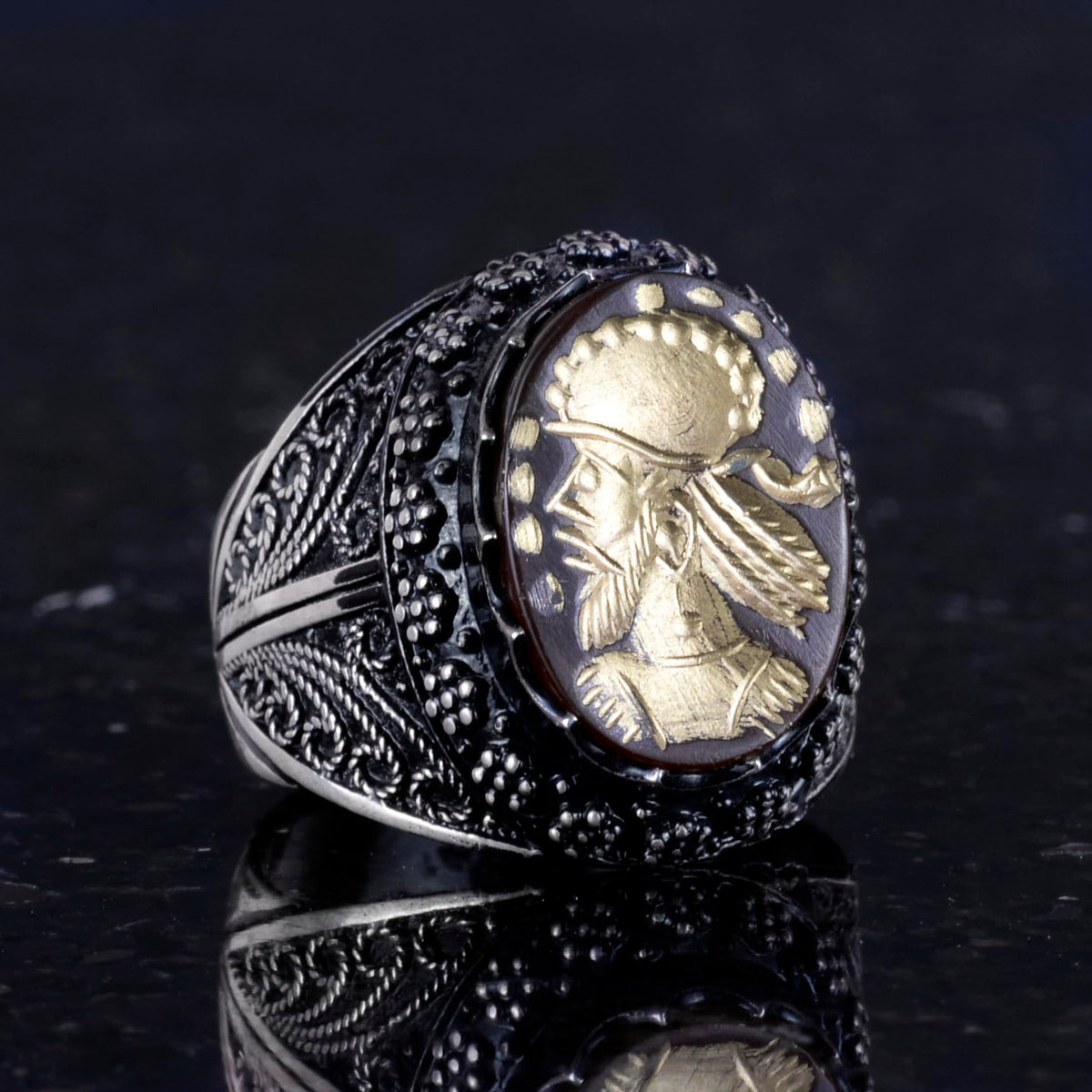 Natural Agate Stone Shaman Ring - Carved Native American Chief Ring, 925 Sterling Silver Men's Ring — 5