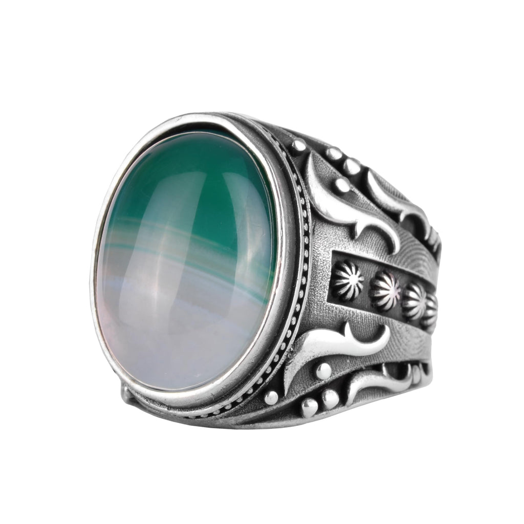 KAMBO Men's Natural Agate Ring – 925 Sterling Silver Flower Pattern Ring – Handmade Vintage Style Statement Ring for Men (Agate-5)