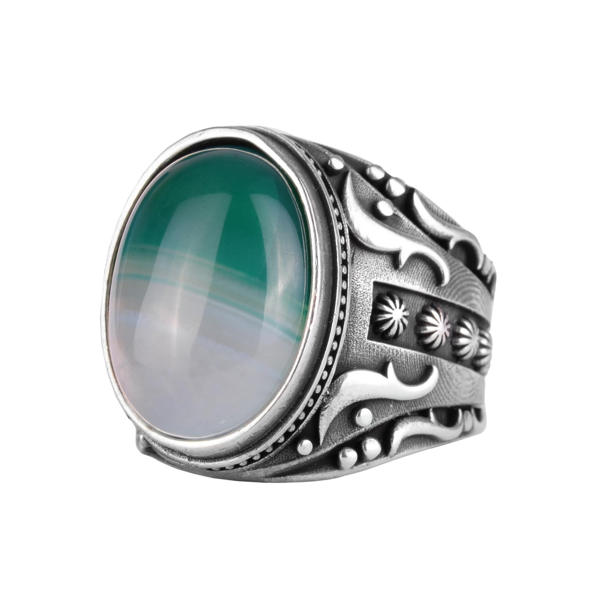 KAMBO Men's Natural Agate Ring – 925 Sterling Silver Flower Pattern Ring – Handmade Vintage Style Statement Ring for Men (Agate-5)