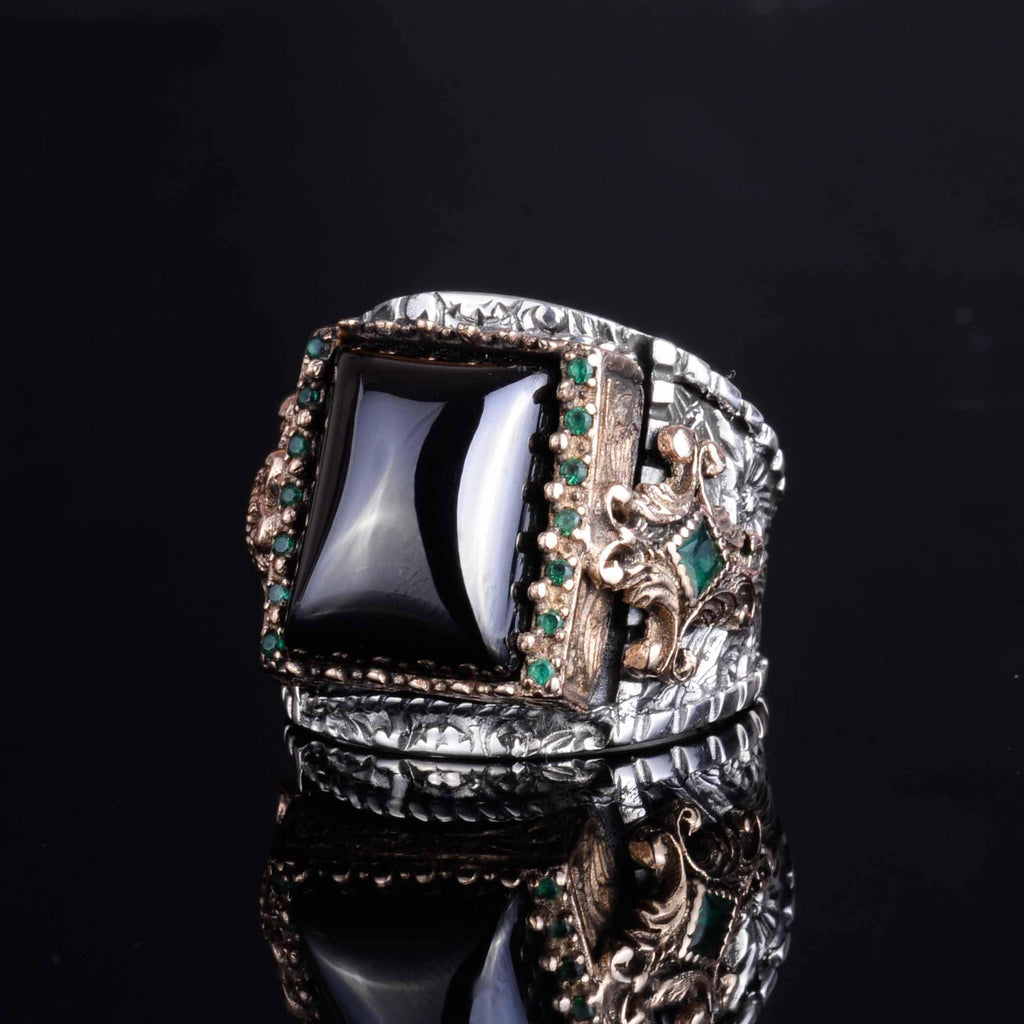 KAMBO Natural Onyx Stone 925 Sterling Silver Men's Ring – Handmade Ottoman Style Statement Ring – Vintage Turkish Jewelry — 6