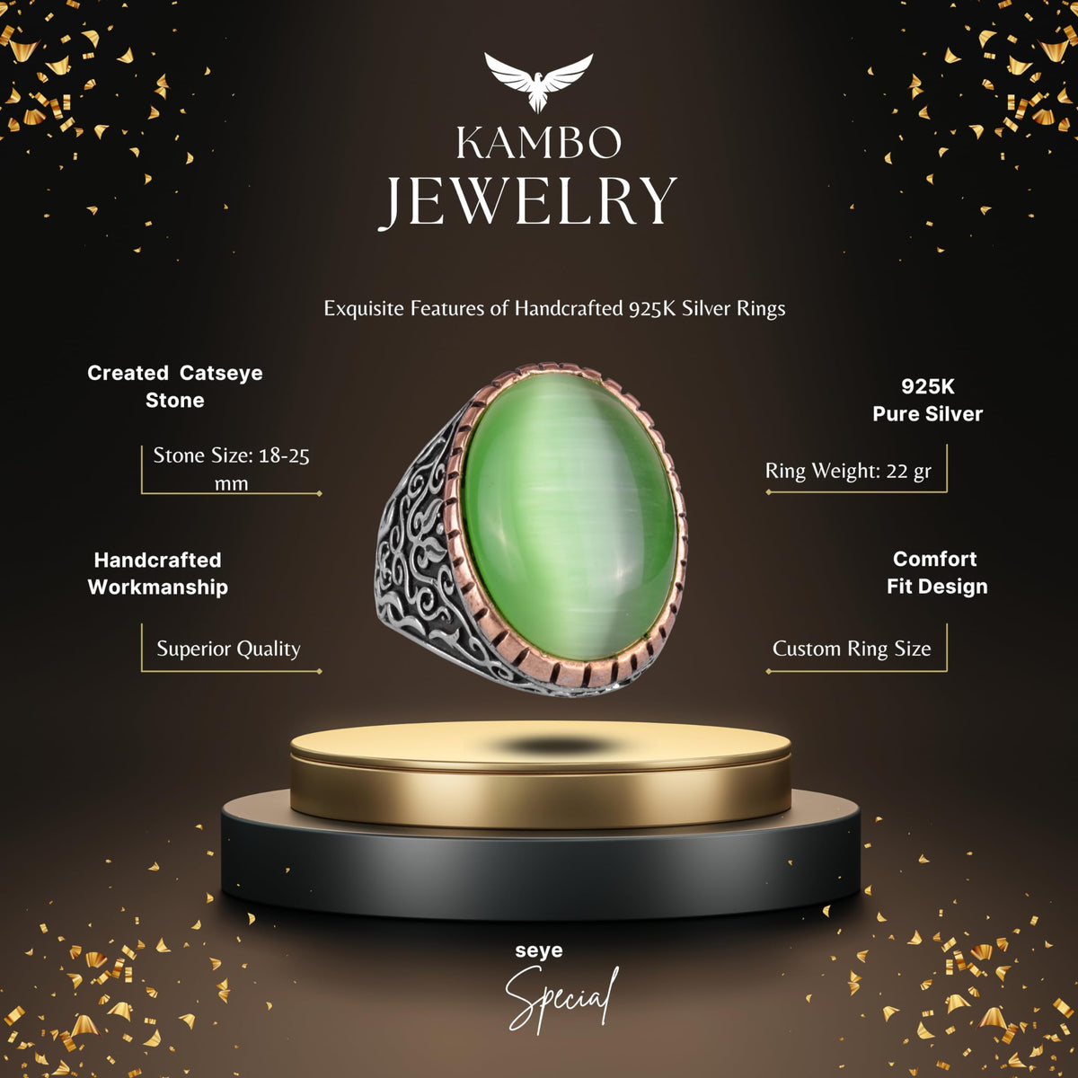 925 Sterling Silver Men's Ring, Large Ring (Light Green Cat's Eye Stone) — 2
