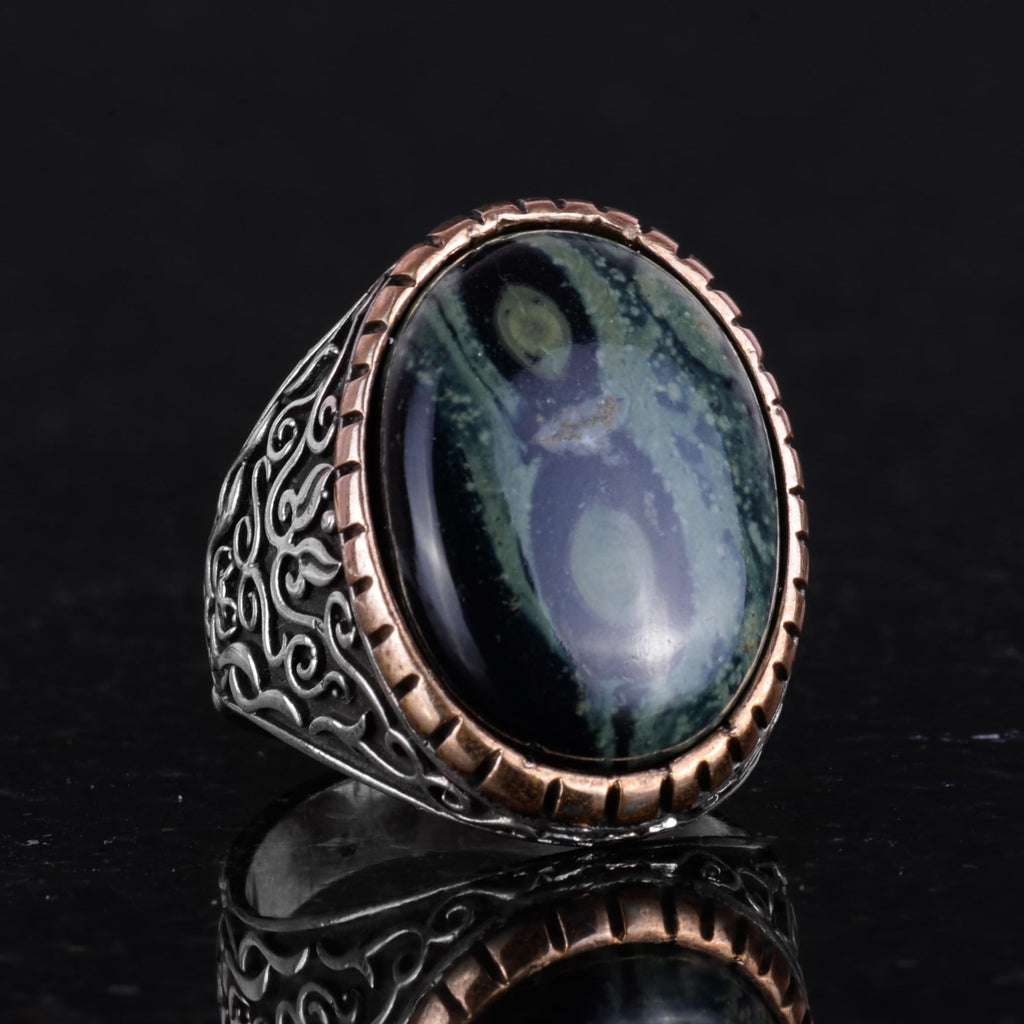 Natural Green Eye Stone Ring, 925 Sterling Silver Men's Ring — 5