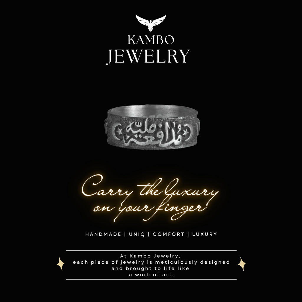 KAMBO Arabic Calligraphy Band Ring 925 Sterling Silver Men's Ring Crescent Moon Star Islamic Writing Handmade Ring — 8
