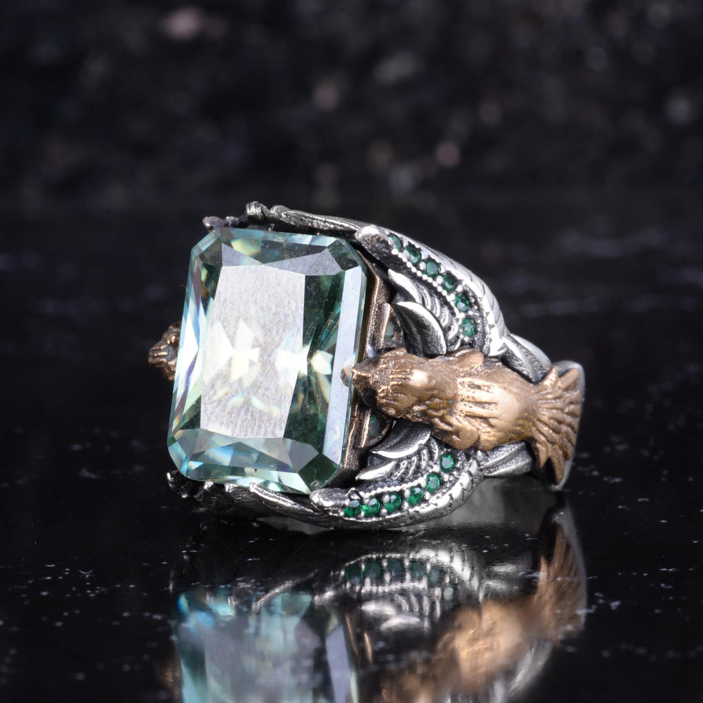 KAMBO Moissanite Stone Men's Ring Eagle Claw Design 925 Sterling Silver – Green Accent Handmade Two Tone Statement Ring — 5