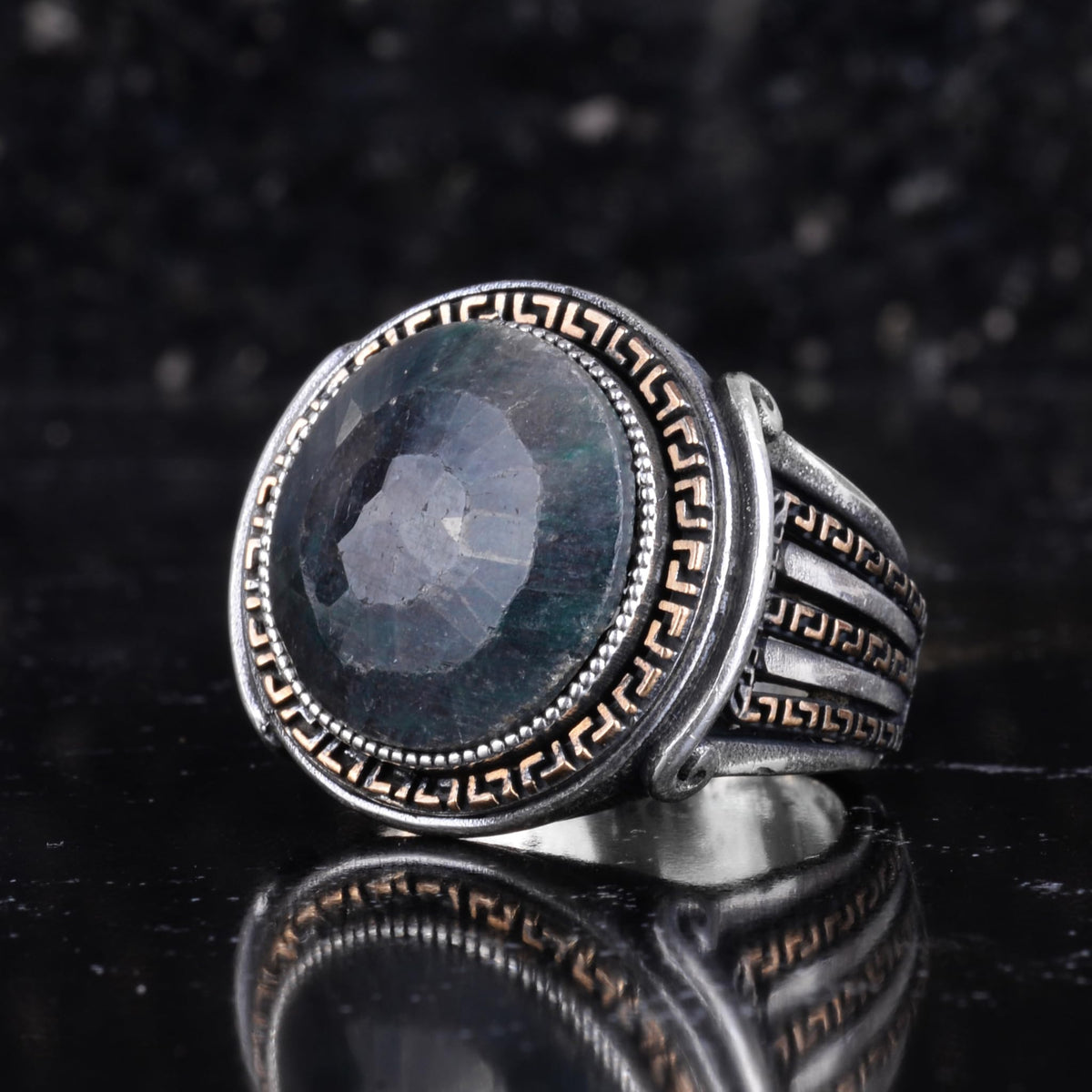 KAMBO Stone Round Men's Ring 925 Sterling Silver – Cabochon Handmade Vintage Greek Pattern Statement Ring (Emerald) — 5