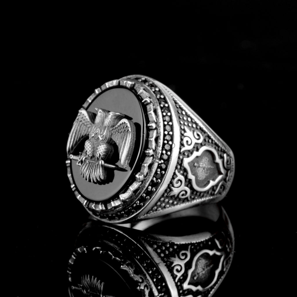 KAMBO Handmade 925 Sterling Silver Men's Ring with Obsidian Stone and Double Headed Eagle Emblem - Vintage Byzantium Sty