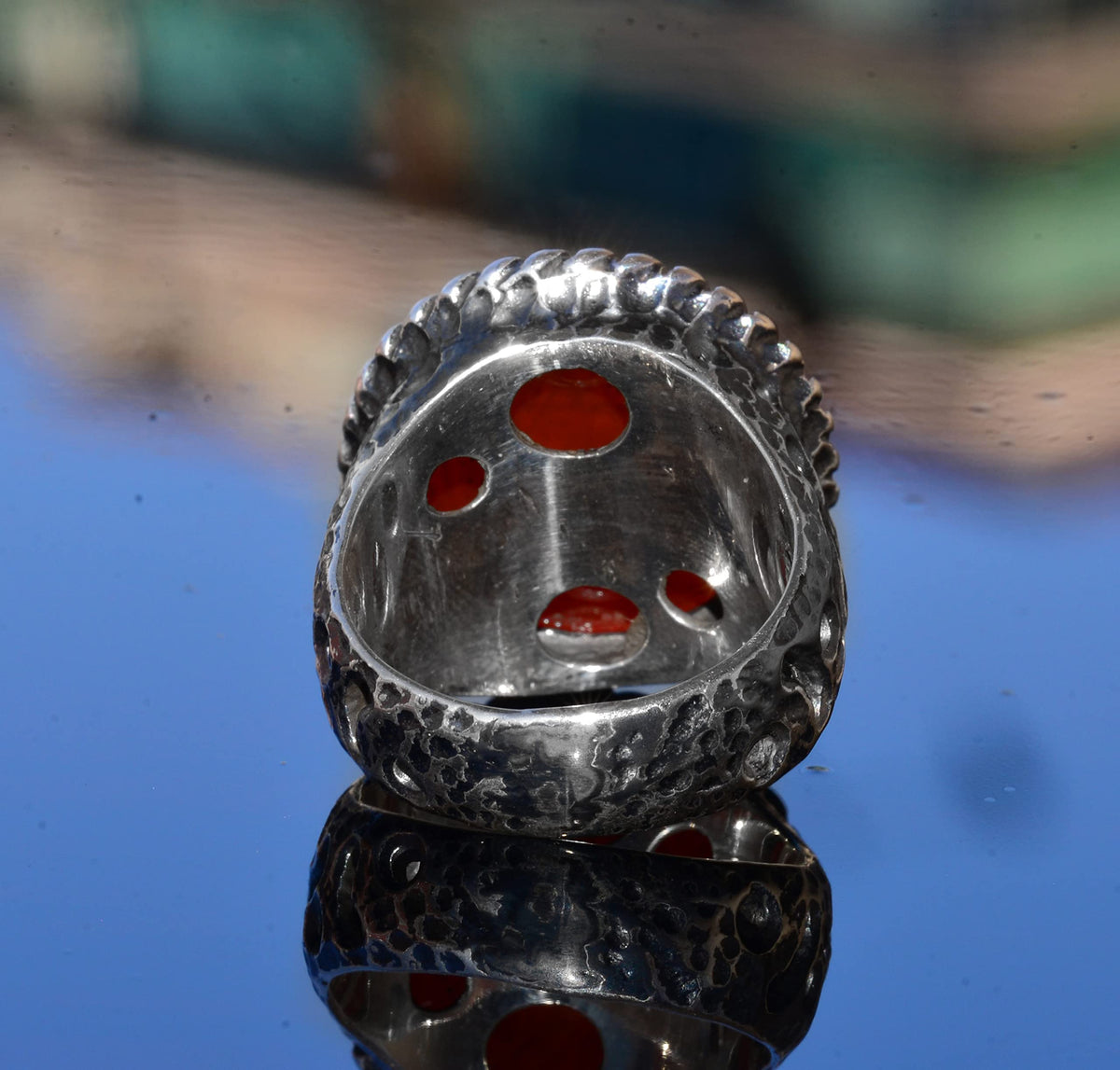 Handmade Silver Men's Ring - Fire Stone, Seal of Solomon Emblem - Symbol of Courage and Vitality — 8