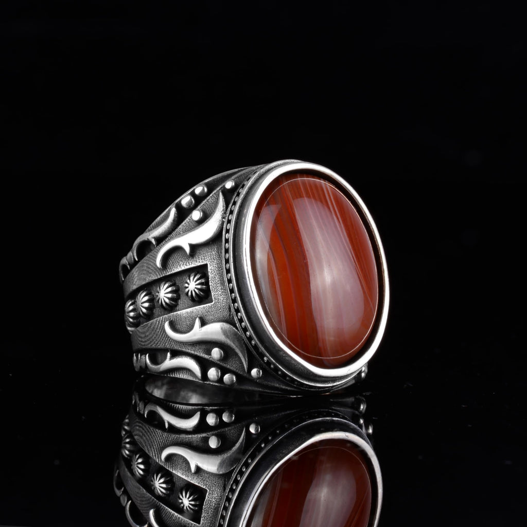 KAMBO Men's Natural Agate Ring – 925 Sterling Silver Flower Pattern Ring – Men's Handmade Vintage Style Statement Ring (Agate-4) — 5