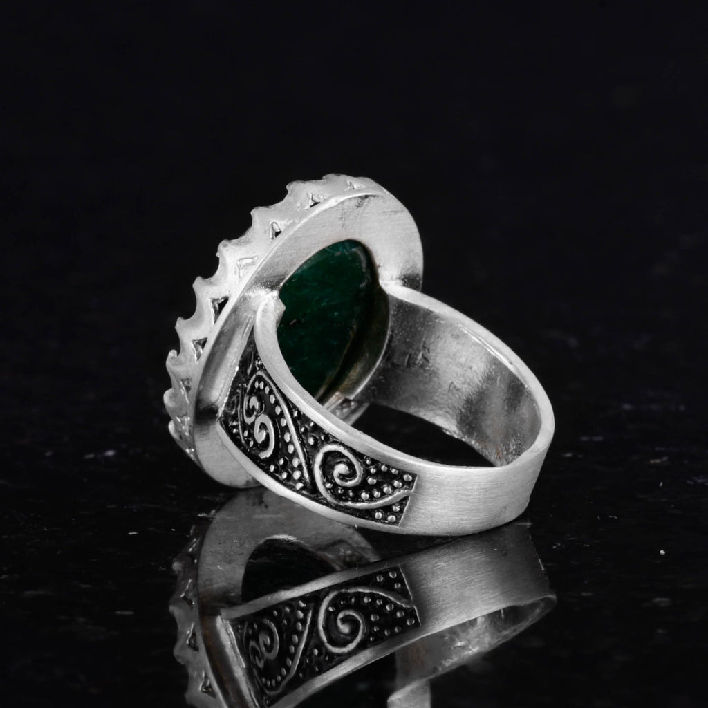 925 Sterling Silver Men's Ring, Natural Emerald Stone Ring — 6