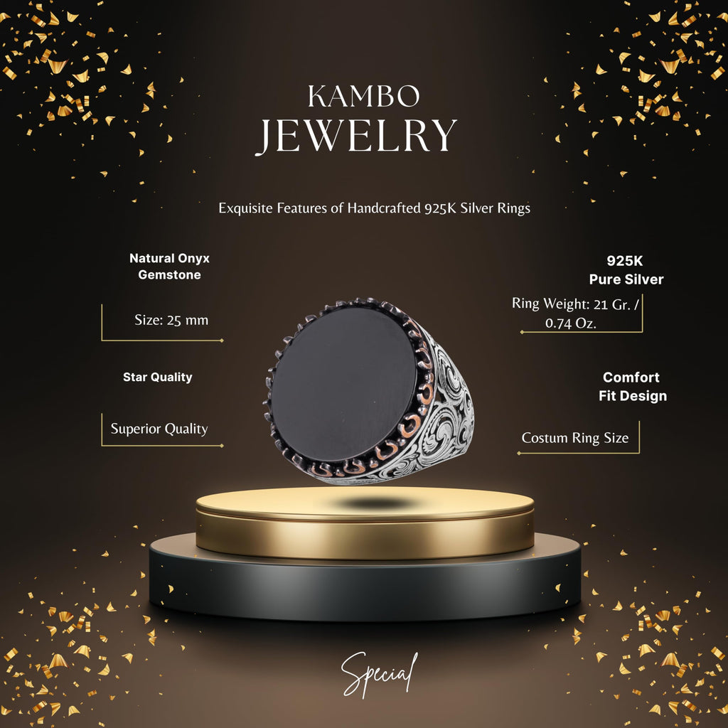 KAMBO Natural Stone Round Large Men's Ring – 925 Sterling Silver Handmade Ring – Statement Ring – Vintage Ottoman Style Men's Jewelry (Onyx) — 2