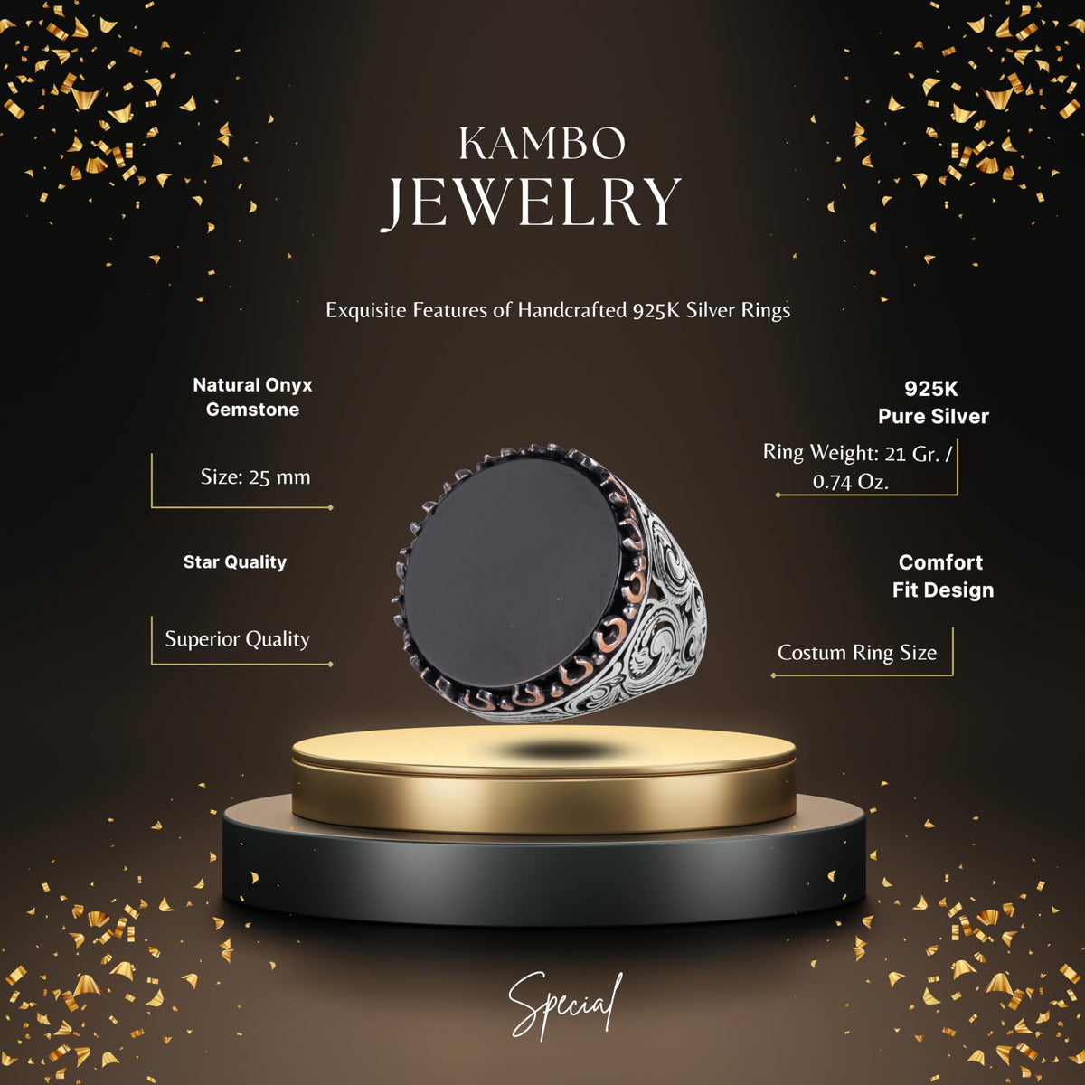 KAMBO Natural Stone Round Large Men's Ring – 925 Sterling Silver Handmade Ring – Statement Ring – Vintage Ottoman Style Men's Jewelry (Onyx) — 2