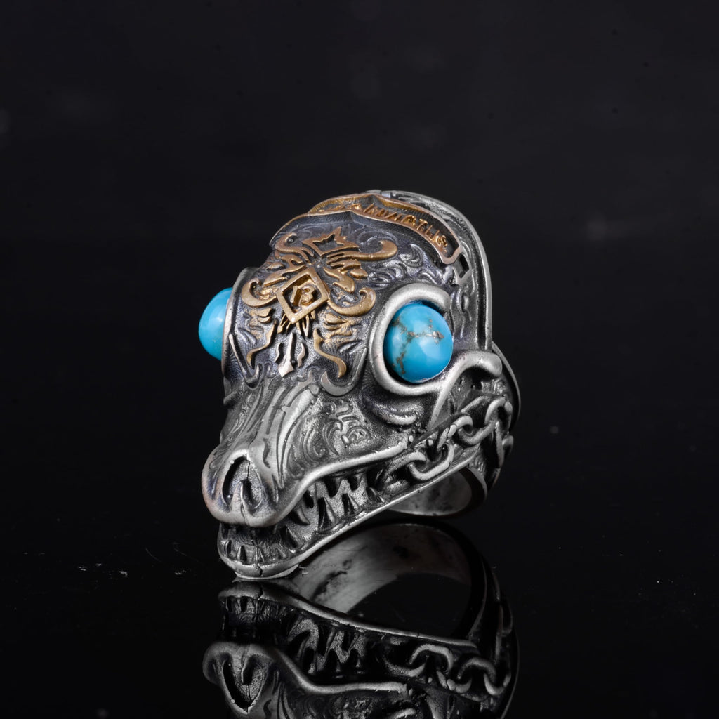 KAMBO 925 Sterling Silver Gold Plated Natural Stone Men's Dragon Ring – Large Statement Ring (Turquoise) — 7
