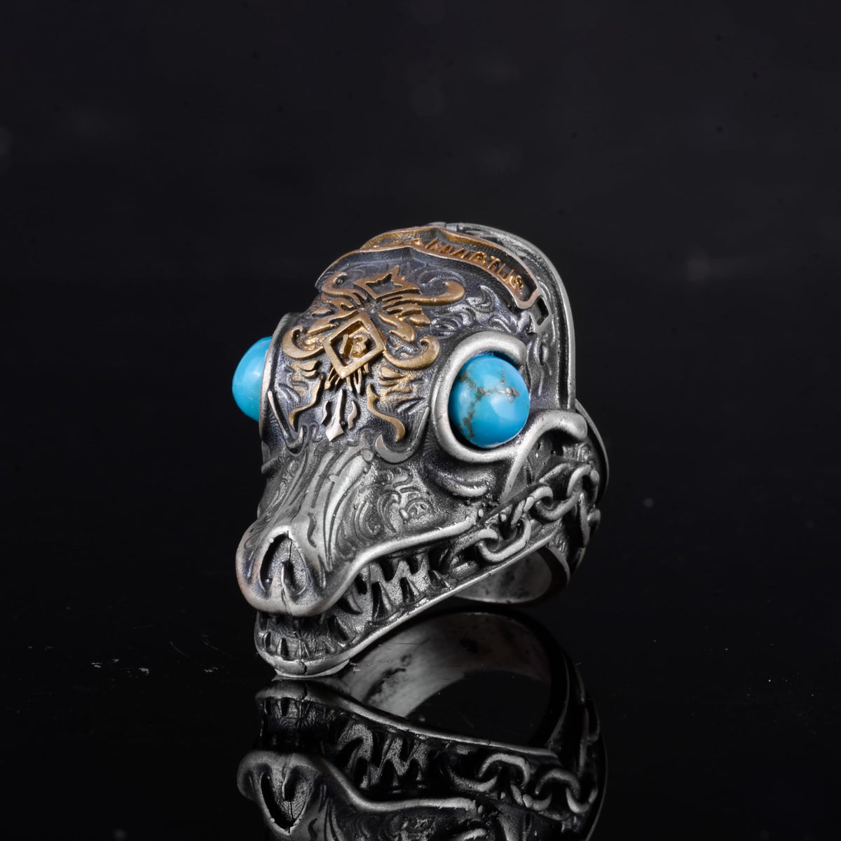 KAMBO 925 Sterling Silver Gold Plated Natural Stone Men's Dragon Ring – Large Statement Ring (Turquoise) — 7