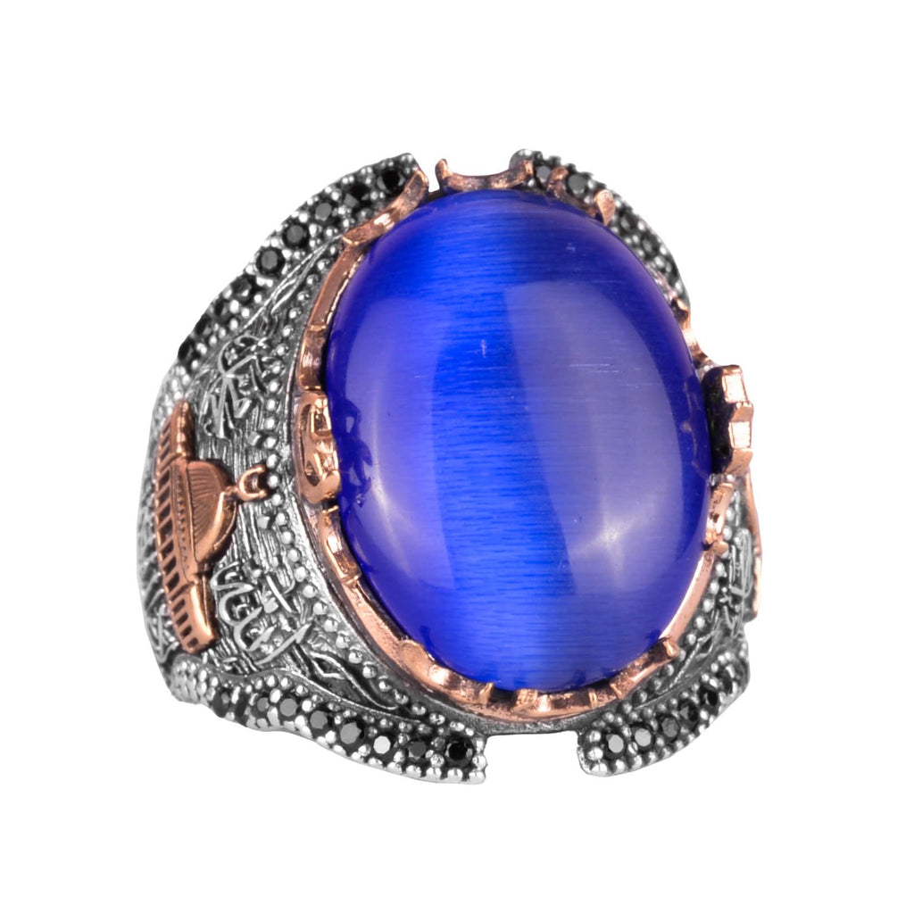 Blue Cat's Eye Stone Ring, 925 Sterling Silver