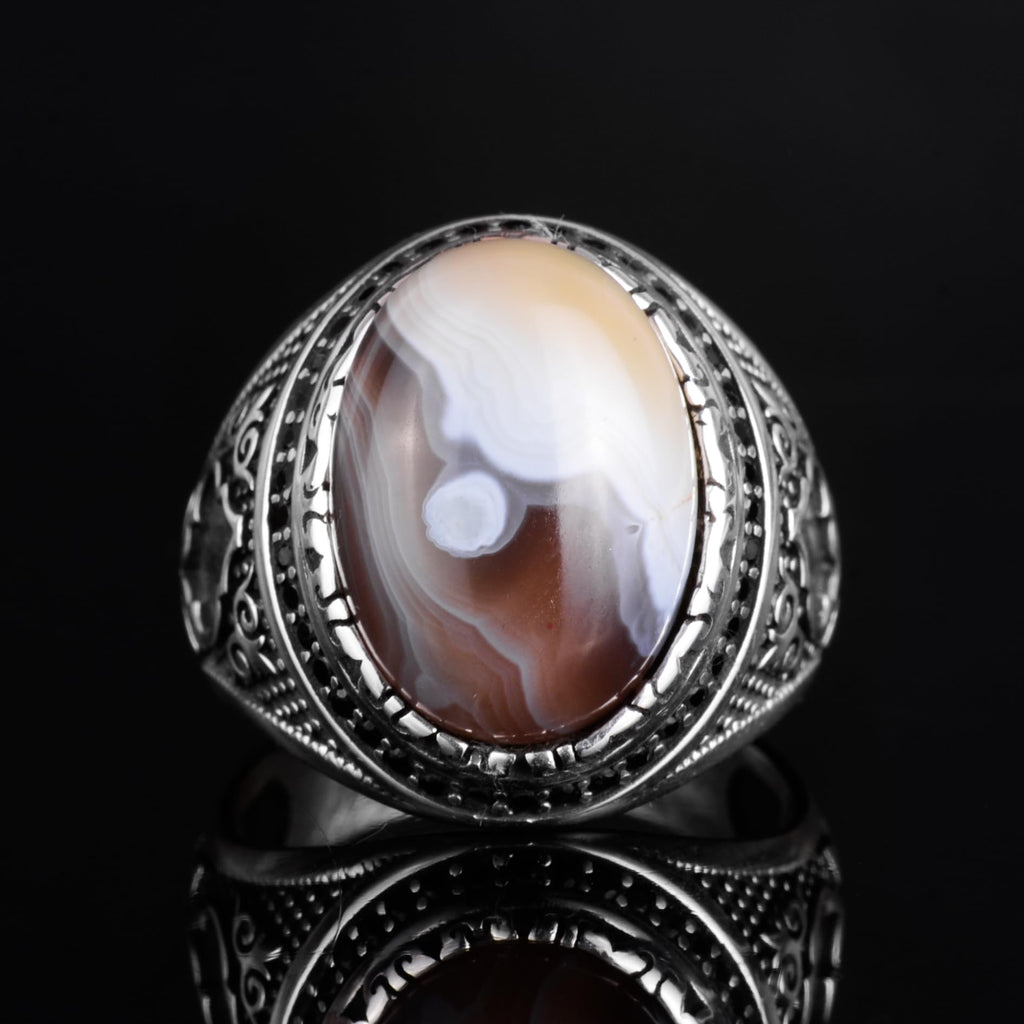 KAMBO Men's Natural Agate Stone Ring – 925 Sterling Silver Handmade Ottoman Star Motif Statement Ring – Islamic Heritage Jewelry (Style-1) — 4