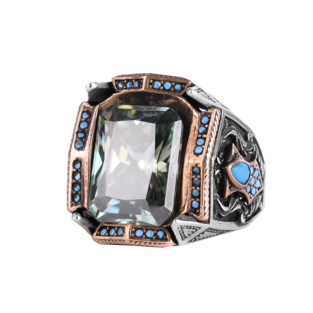 KAMBO Natural Moissanite Stone Men's Ring 925 Sterling Silver Bronze Details Blue Stone Accent Handmade Statement Ring