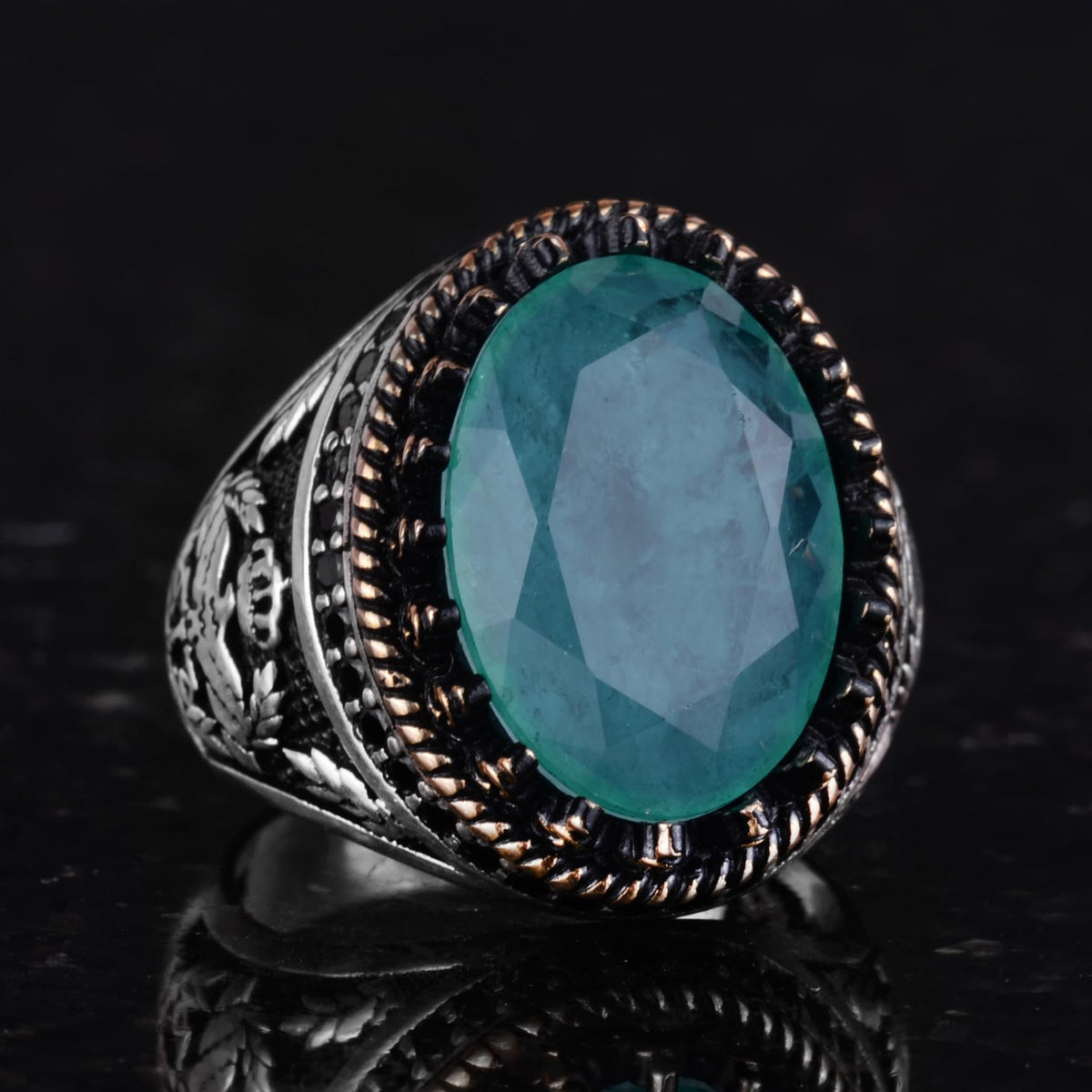 925 Sterling Silver Ring, Artificial Stone Ring, Eagle Symbol Ring, Handcrafted Ring (Artificial Green Paraiba) — 5