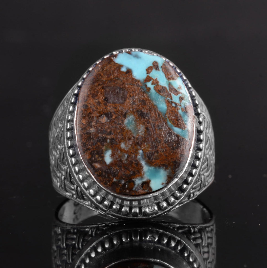 KAMBO Natural Turquoise Stone 925 Sterling Silver Men's Ring - Handmade Woven Texture Vintage Statement Jewelry (Style-2) — 4