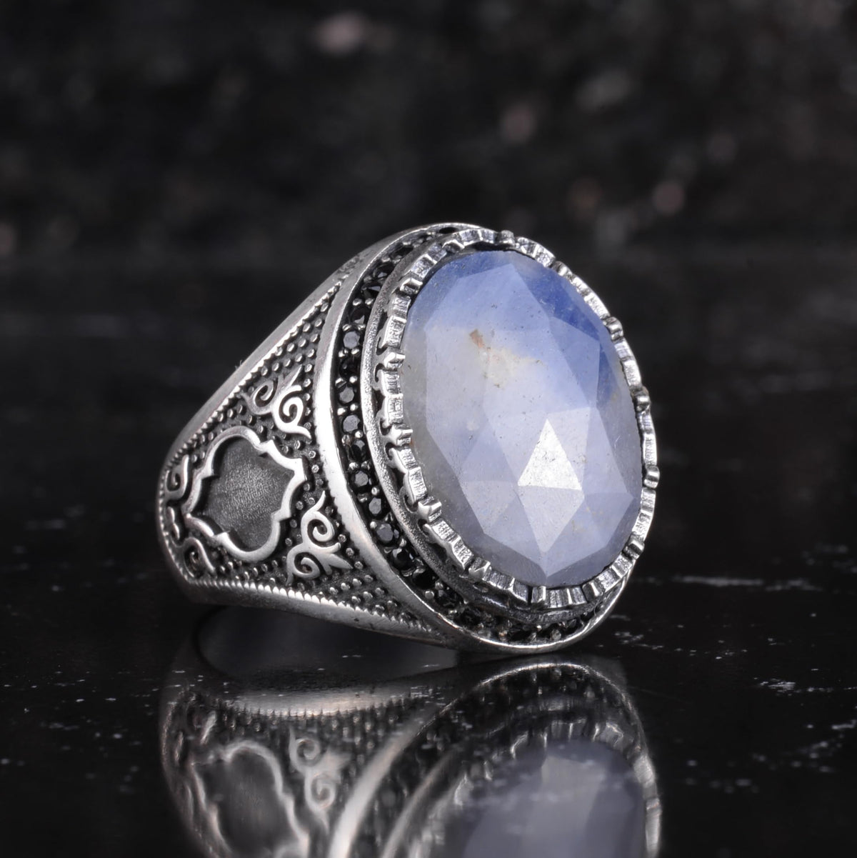 Natural Sapphire Stone Men's Ring 925 Sterling Silver Tooth Frame Black Stone Halo Handmade Statement Ring (Blue Sapphire-3) — 6