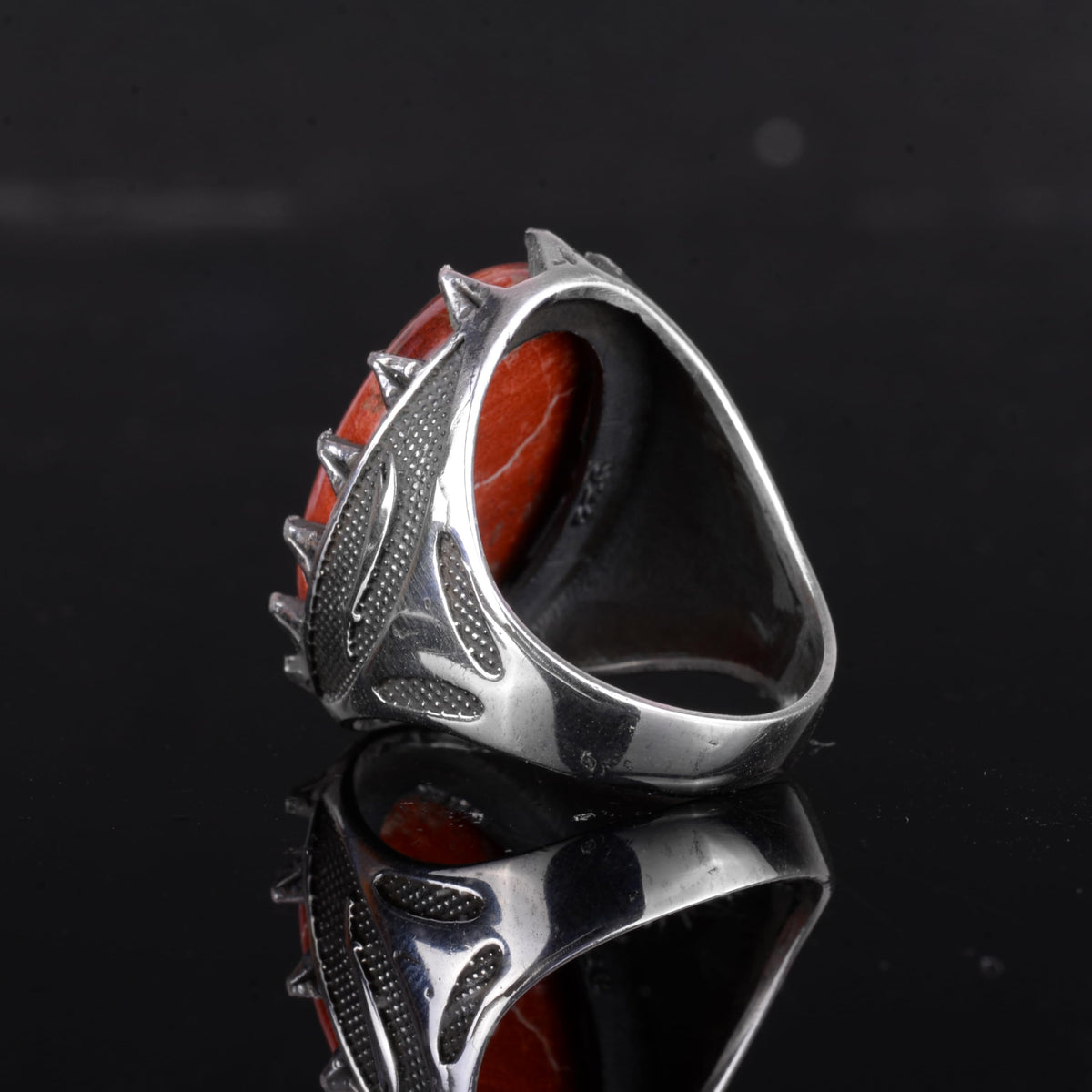 KAMBO Natural Stone Men's Large Ring – 925 Sterling Silver Ottoman Sword Motif Signet Ring (Red Bloodstone) — 7