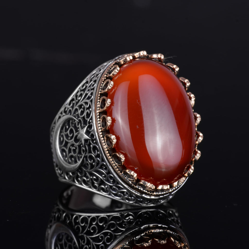 KAMBO 925 Sterling Silver Men's Natural Stone Ring - Moon and Star Design - Handmade Vintage Jewelry (Red Agate) — 6