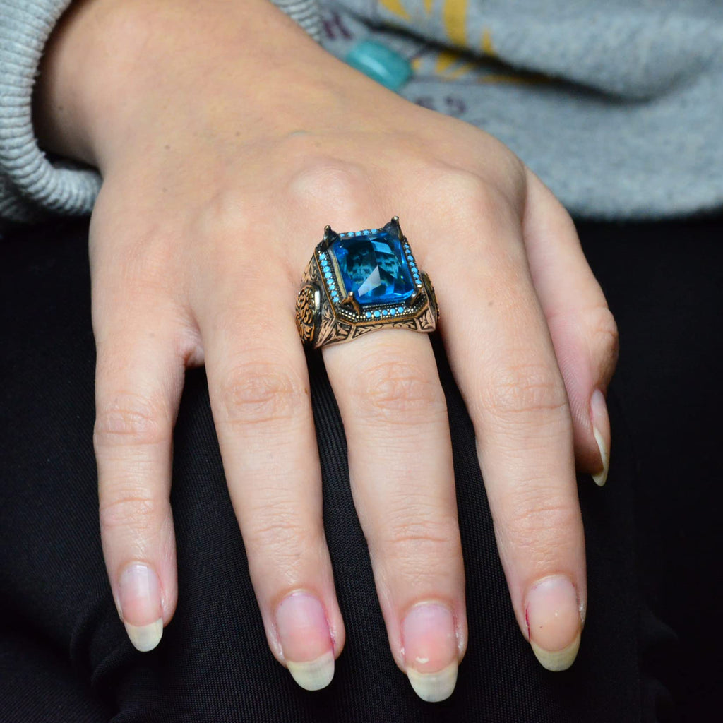 925 Sterling Silver Men's Ring, Artificial Aquamarine Stone and Fine Detailed Design — 6