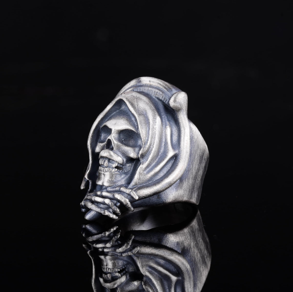 KAMBO 925 Sterling Silver Death Angel Skull Ring – Gothic Men's Silver Ring – Handmade Biker Jewelry – Skeleton Hooded Design (Silver) — 5