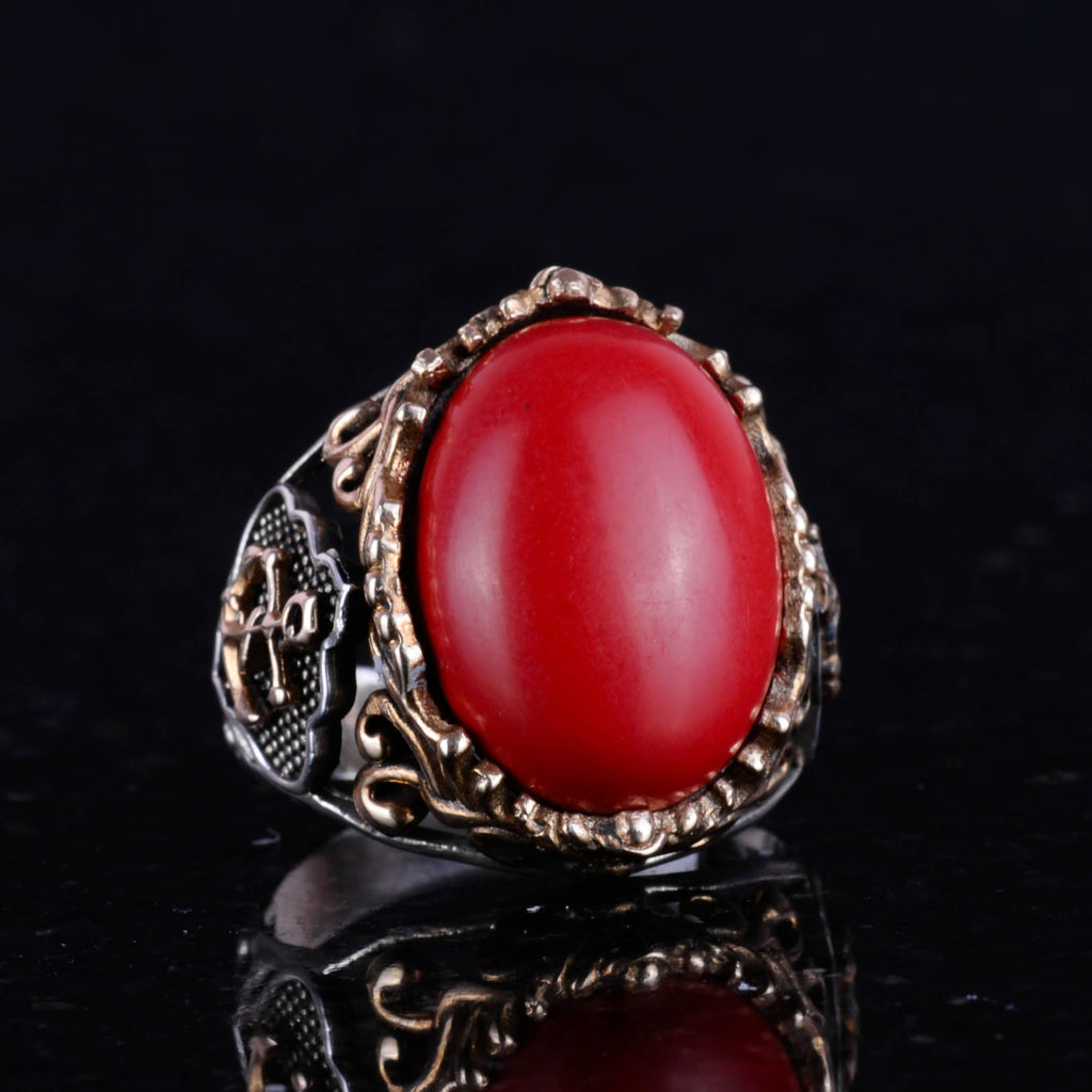 Red Coral Synthetic Stone Ring, Nautical Rope Pattern Silver Ring, 925 Sterling Silver Ring — 6