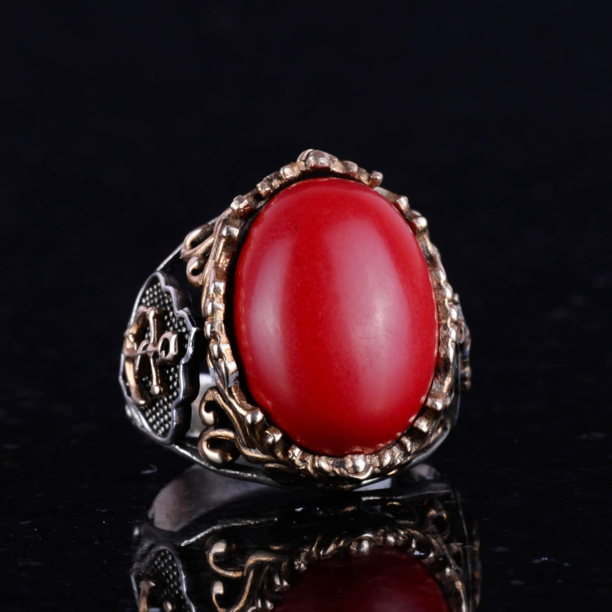 Red Coral Synthetic Stone Ring, Nautical Rope Pattern Silver Ring, 925 Sterling Silver Ring — 6