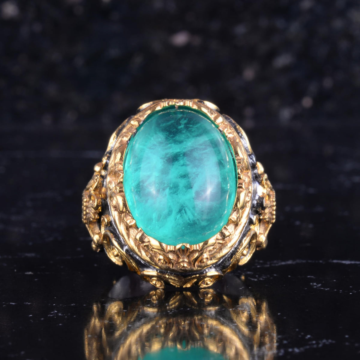 KAMBO Synthetic Paraiba Stone Men's Ring - Gold Plated 925 Sterling Silver - Large Oval Green Stone Handmade Ring — 4