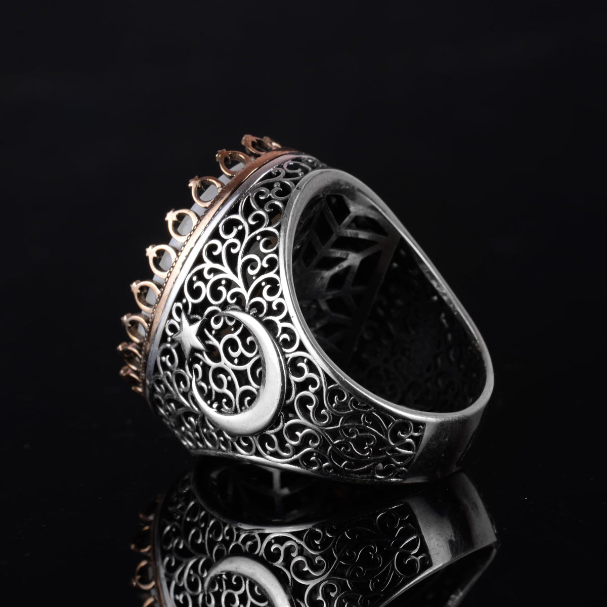 KAMBO Pearl Stone Men's Large Ring – 925 Sterling Silver Star and Moon Design (Whirling Dervish) — 7