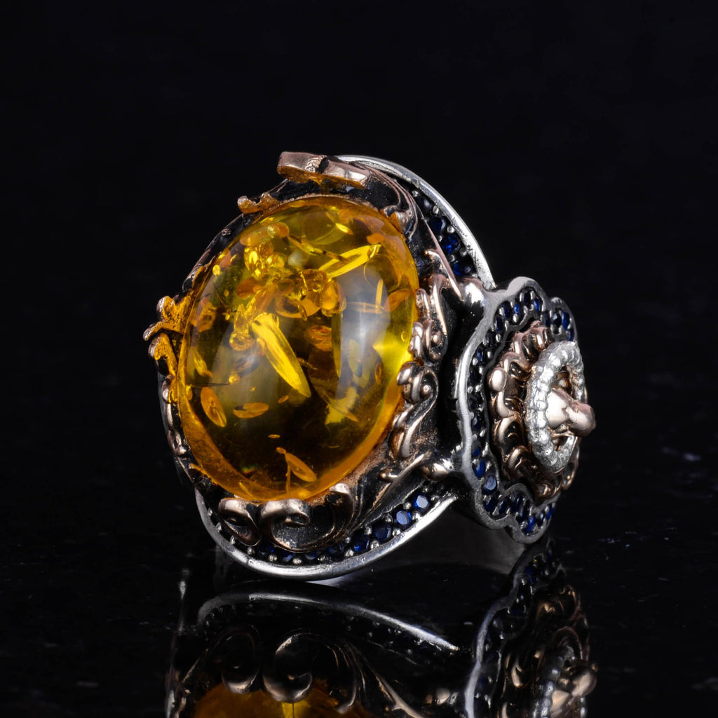 Honey Amber Artificial Stone Ring | Stylish Handcrafted 925 Sterling Silver Men's Ring — 5
