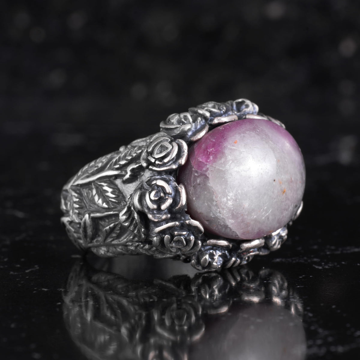 KAMBO 925 Sterling Silver Natural Stone Men's Ring – Handmade Floral Vintage Statement Ring (Ruby) — 6