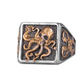 KAMBO Octopus Symbol Men's Ring – 925 Sterling Silver with Gold Plated Detail Square Ring – Handmade Descriptive Jewelry