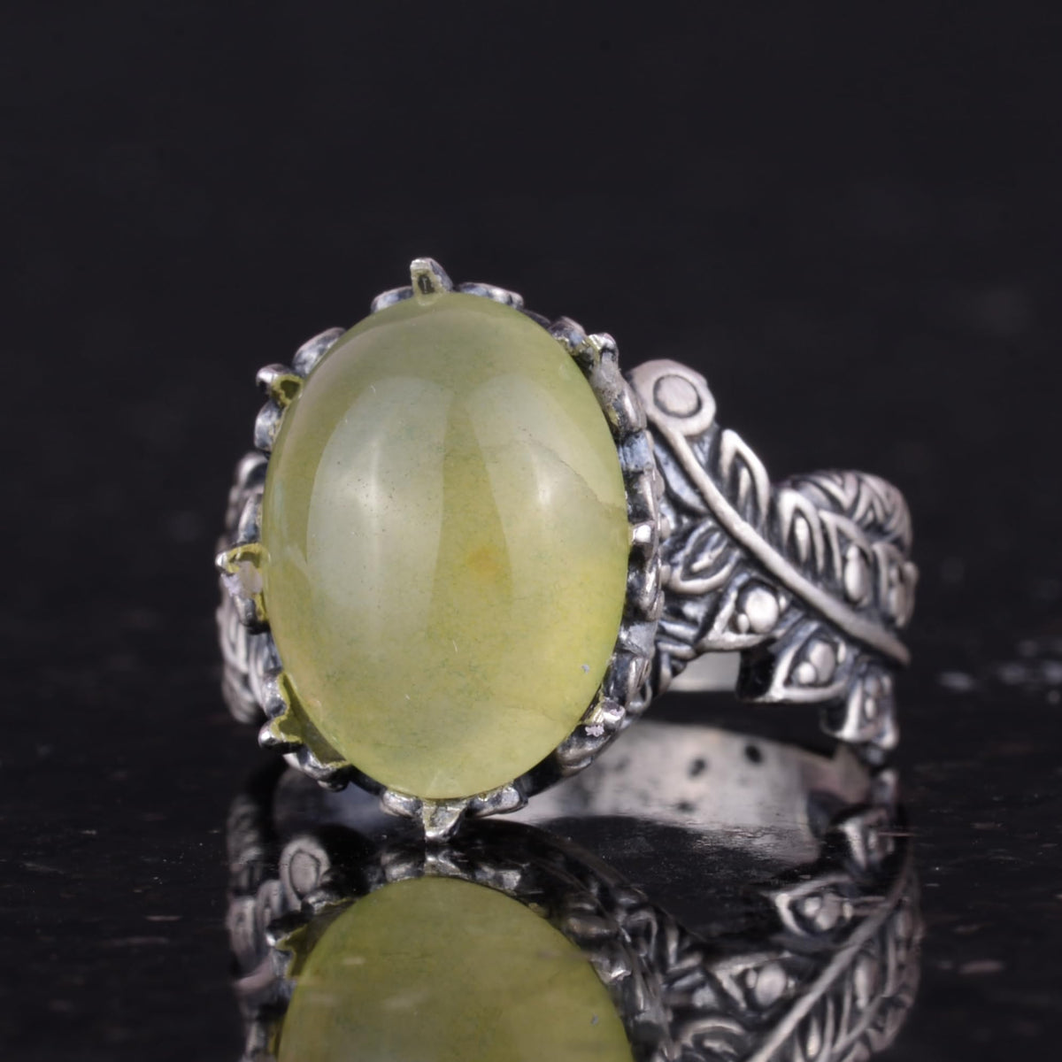 Silver Women's Ring with Natural Prehnite Jade Stone, Vintage Bohemian Design — 6