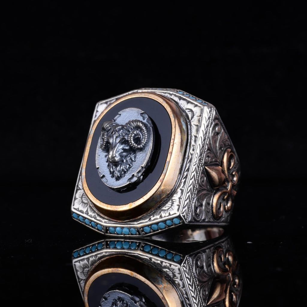 Black Designed Stone Men's Large Ring – 925 Sterling Silver Vintage Design Statement Ring (Ram) — 6
